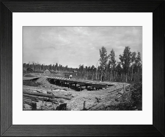 Framed Print : Construction of a Bridge 18 Sazhens Long Across the Khilok River on the Povarenskaia Road, 1909. Creator: Dorozhno-Stroitel'nyi Otdel Framed Print : Construction of a Bridge 18 Sazhens Long Across the Khilok River on the Povarenskaia Road, 1909. Creator: Dorozhno-Stroitel'nyi Otdel