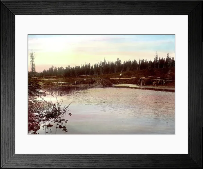Framed Print : Temporary Crossing Built by Settlers Over the Zolotoi-Kita River. Zimov'evsko-Mesh... 1906-1908. Creator: Dorozhno-Stroitel'nyi Otdel Framed Print : Temporary Crossing Built by Settlers Over the Zolotoi-Kita River. Zimov'evsko-Mesh... 1906-1908. Creator: Dorozhno-Stroitel'nyi Otdel