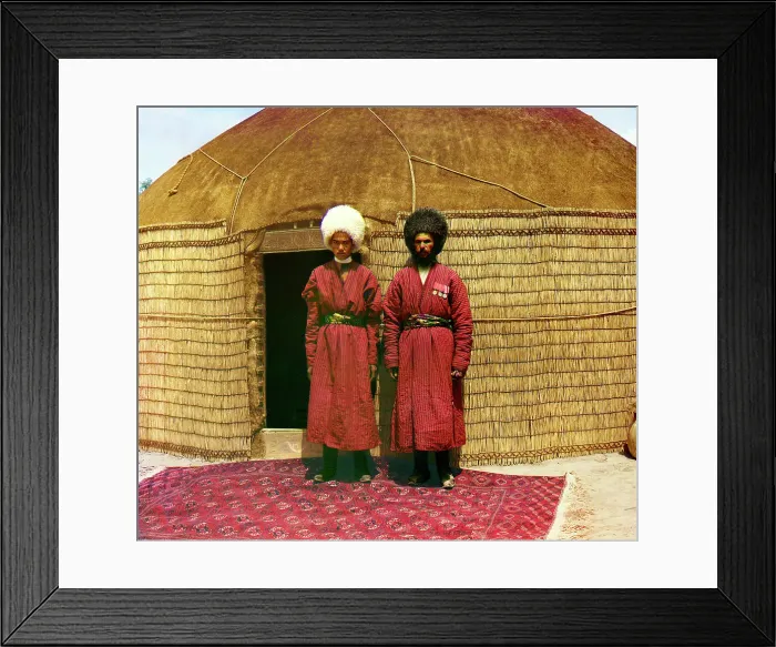 Framed Print : Two men standing on a rug, in front of yurt, between 1905 and 1915. Creator: Sergey Mikhaylovich Prokudin-Gorsky Framed Print : Two men standing on a rug, in front of yurt, between 1905 and 1915. Creator: Sergey Mikhaylovich Prokudin-Gorsky