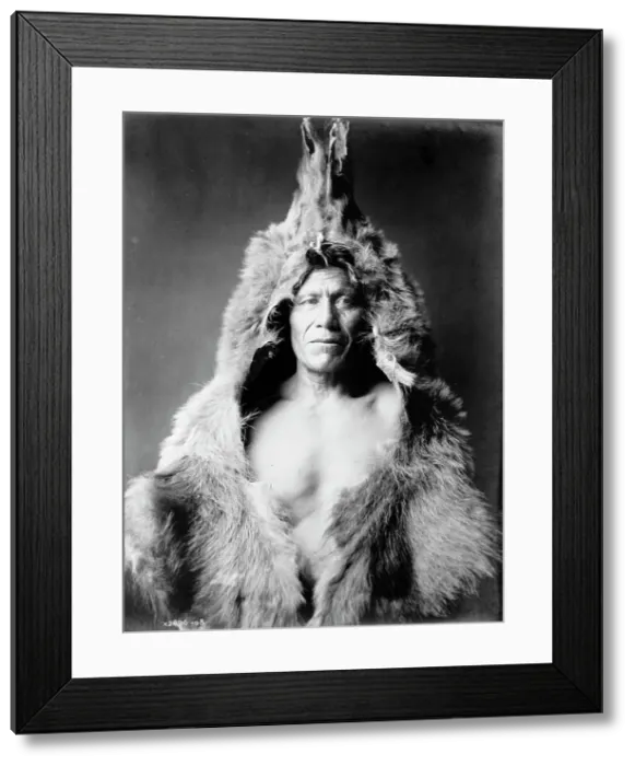 Framed Print : Bear's Belly, Arikara Indian half-length portrait, facing front, wearing bearskin, c1908. Creator: Edward Sheriff Curtis Framed Print : Bear's Belly, Arikara Indian half-length portrait, facing front, wearing bearskin, c1908. Creator: Edward Sheriff Curtis