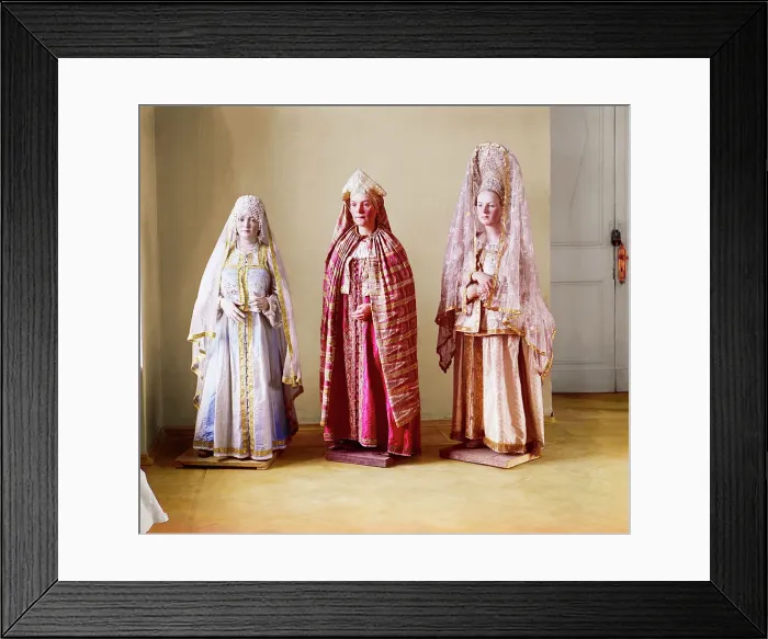 Framed Print : Three mannequins of women in elaborate dress, on wooden stands, between 1905 and 1915. Creator: Sergey Mikhaylovich Prokudin-Gorsky Framed Print : Three mannequins of women in elaborate dress, on wooden stands, between 1905 and 1915. Creator: Sergey Mikhaylovich Prokudin-Gorsky