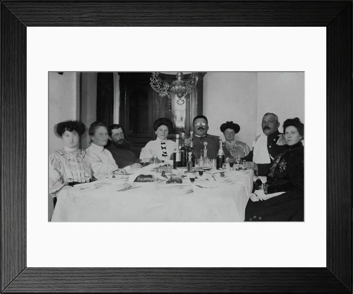 Framed Print : Fire Chief A. F. Domishkevich Sitting at a Table Set for a Holiday Together with... early 20th cent Creator: Unknown Framed Print : Fire Chief A. F. Domishkevich Sitting at a Table Set for a Holiday Together with... early 20th cent Creator: Unknown
