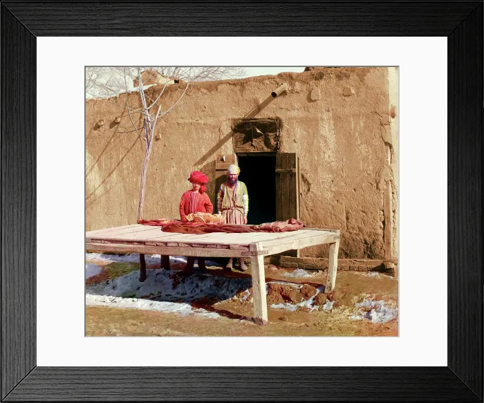 Framed Print : Vendors beside table displaying flatbread, between 1905 and 1915. Creator: Sergey Mikhaylovich Prokudin-Gorsky Framed Print : Vendors beside table displaying flatbread, between 1905 and 1915. Creator: Sergey Mikhaylovich Prokudin-Gorsky