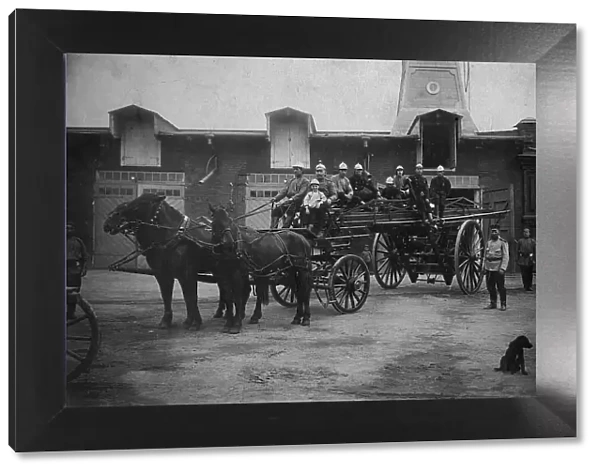 Horse-Drawn Departure of a Fire Ladder, early 20th century. Creator: Unknown