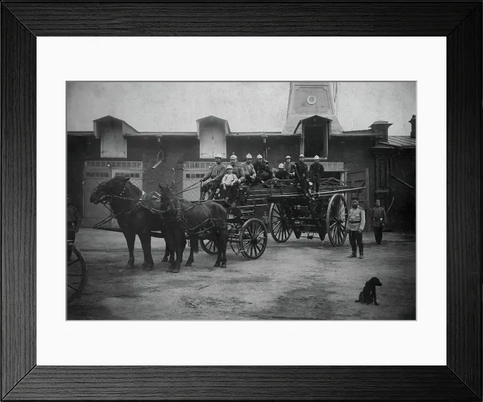 Framed Print : Horse-Drawn Departure of a Fire Ladder, early 20th century. Creator: Unknown Framed Print : Horse-Drawn Departure of a Fire Ladder, early 20th century. Creator: Unknown