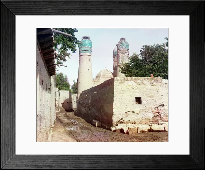 Framed Print : Passageway and three minarets topped with birds nests, between 1905 and 1915. Creator: Sergey Mikhaylovich Prokudin-Gorsky Framed Print : Passageway and three minarets topped with birds nests, between 1905 and 1915. Creator: Sergey Mikhaylovich Prokudin-Gorsky