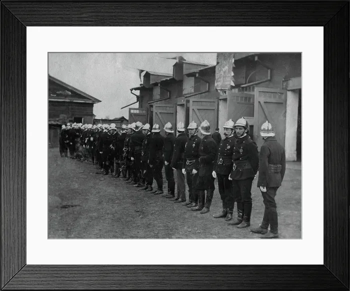 Framed Print : The fire brigade of the voluntary fire society near its building on Arsenalnaya Street, 1908. Creator: Unknown Framed Print : The fire brigade of the voluntary fire society near its building on Arsenalnaya Street, 1908. Creator: Unknown