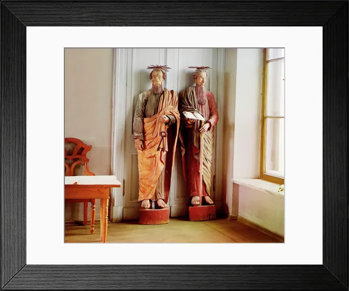 Framed Print : Two carved wooden statues of bearded men with haloes above their head... between 1905-1915. Creator: Sergey Mikhaylovich Prokudin-Gorsky Framed Print : Two carved wooden statues of bearded men with haloes above their head... between 1905-1915. Creator: Sergey Mikhaylovich Prokudin-Gorsky