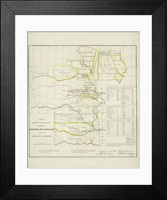 Framed Print : Map showing the lands assigned to emigrant Indians west of Arkansas and Missouri, 1836. Creator: Topographical Bureau Framed Print : Map showing the lands assigned to emigrant Indians west of Arkansas and Missouri, 1836. Creator: Topographical Bureau
