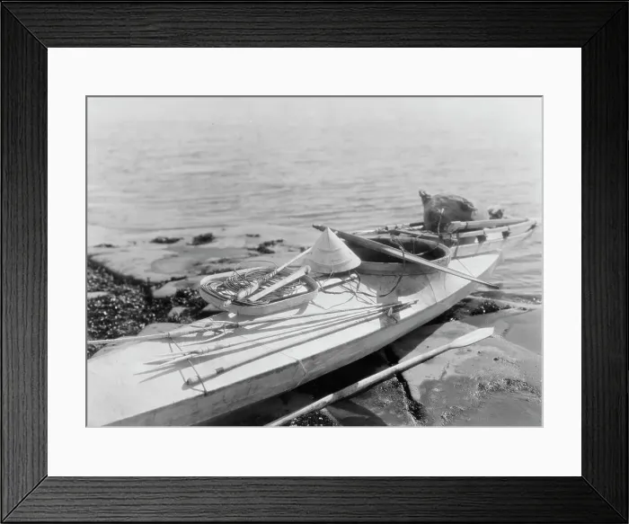 Framed Print : Kaiak with seal hunting equipment, Nunivak, c1929. Creator: Edward Sheriff Curtis Framed Print : Kaiak with seal hunting equipment, Nunivak, c1929. Creator: Edward Sheriff Curtis