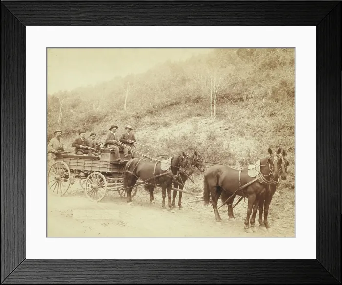 Framed Print : Wells Fargo Express Co Deadwood Treasure Wagon and Guards with $250, 000 gold bullion... 1890, 1890. Creator: John C. H. Grabill Framed Print : Wells Fargo Express Co Deadwood Treasure Wagon and Guards with $250, 000 gold bullion... 1890, 1890. Creator: John C. H. Grabill