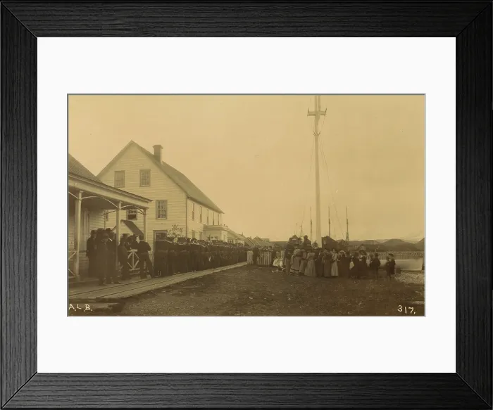 Framed Print : Sailors standing in line on boardwalk with a group of local women and men standing... 1894 or 1895. Creator: Alfred Lee Broadbent Framed Print : Sailors standing in line on boardwalk with a group of local women and men standing... 1894 or 1895. Creator: Alfred Lee Broadbent
