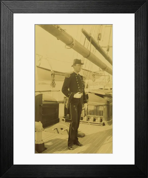 Framed Print : Unidentified naval officer, full-length portrait, standing aboard ship, facing right, 1894 or 1895. Creator: Alfred Lee Broadbent Framed Print : Unidentified naval officer, full-length portrait, standing aboard ship, facing right, 1894 or 1895. Creator: Alfred Lee Broadbent