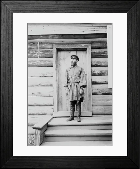Framed Print : Portrait of an unknown man on the porch of a wooden house, 1900. Creators: I. A. Podgorbunskii, V. I. Podgorbunskii Framed Print : Portrait of an unknown man on the porch of a wooden house, 1900. Creators: I. A. Podgorbunskii, V. I. Podgorbunskii