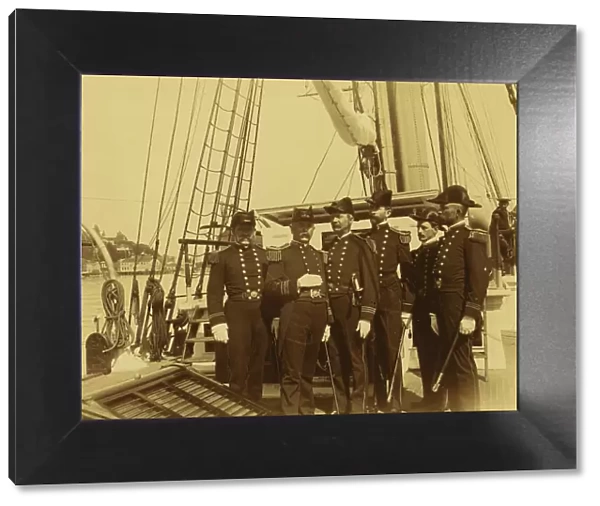 Six naval officers, full-length portrait, standing on deck of ship, 1894 or 1895. Creator: Alfred Lee Broadbent