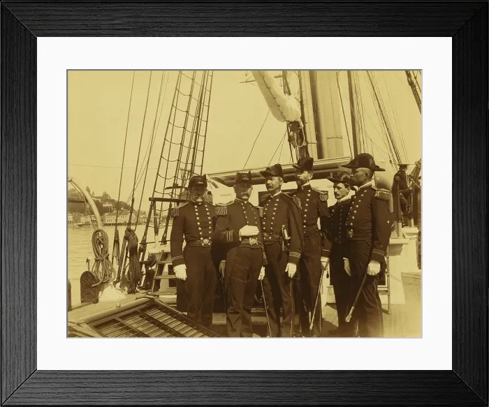 Framed Print : Six naval officers, full-length portrait, standing on deck of ship, 1894 or 1895. Creator: Alfred Lee Broadbent Framed Print : Six naval officers, full-length portrait, standing on deck of ship, 1894 or 1895. Creator: Alfred Lee Broadbent