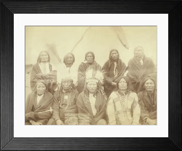 Framed Print : Indian chiefs who counciled with Gen Miles and setteled [sic] the Indian War -- 1 Standing... 1891. Creator: John C. H. Grabill