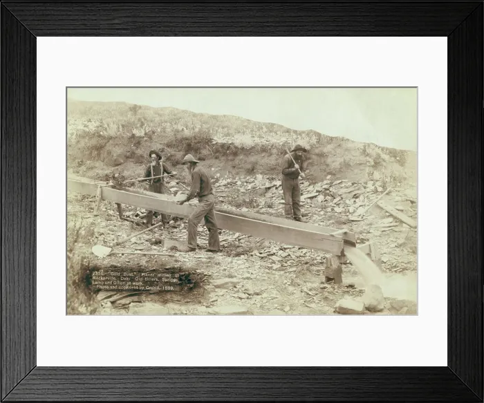 Framed Print : Gold Dust Placer mining at Rockerville, Dak Old timers, Spriggs, Lamb and Dillon at work, 1889. Creator: John C. H. Grabill Framed Print : Gold Dust Placer mining at Rockerville, Dak Old timers, Spriggs, Lamb and Dillon at work, 1889. Creator: John C. H. Grabill