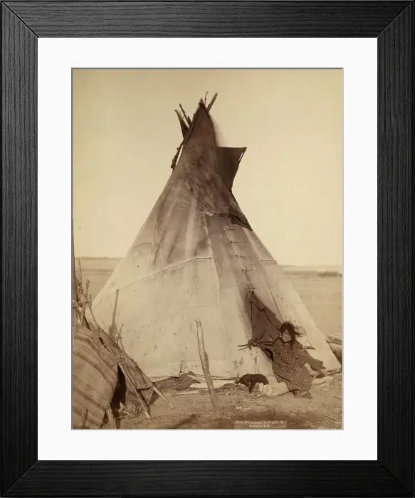 Framed Print : A young Oglala girl sitting in front of a tipi, with a puppy.... Pine Ridge Reservation, 1891. Creator: John C. H. Grabill Framed Print : A young Oglala girl sitting in front of a tipi, with a puppy.... Pine Ridge Reservation, 1891. Creator: John C. H. Grabill