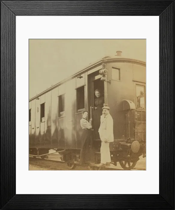 Framed Print : Eleanor Pray and Sarah Smith posed with their friend Mr Hunt at a Trans-Siberian railroad... 1899. Creator: Frederick S. Pray Framed Print : Eleanor Pray and Sarah Smith posed with their friend Mr Hunt at a Trans-Siberian railroad... 1899. Creator: Frederick S. Pray