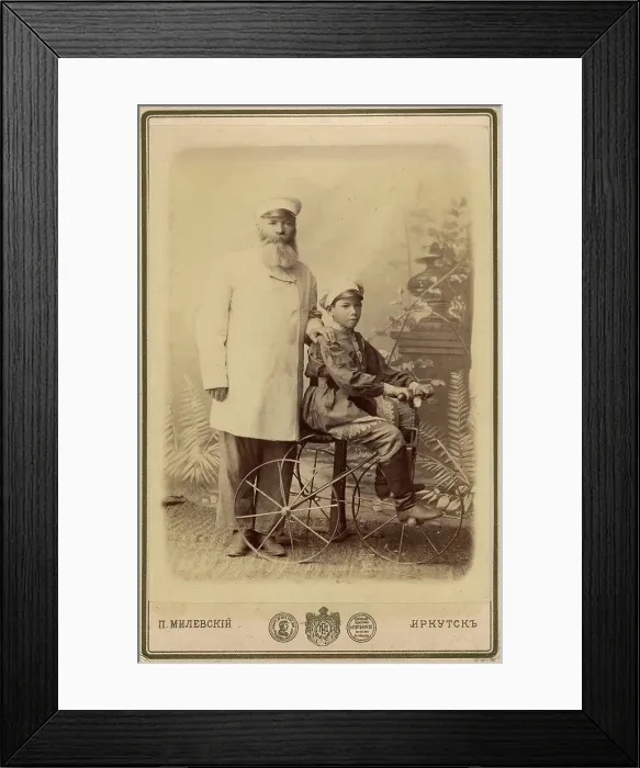 Framed Print : Portrait of an unknown man with a boy sitting on a bicycle, end of 19th century. Creator: PA Milevskii Framed Print : Portrait of an unknown man with a boy sitting on a bicycle, end of 19th century. Creator: PA Milevskii