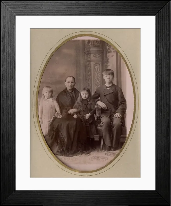 Framed Print : An elderly woman, a young man in a civilian suit and two. late 19th cent - early 20th cent. Creator: PA Milevskii Framed Print : An elderly woman, a young man in a civilian suit and two. late 19th cent - early 20th cent. Creator: PA Milevskii