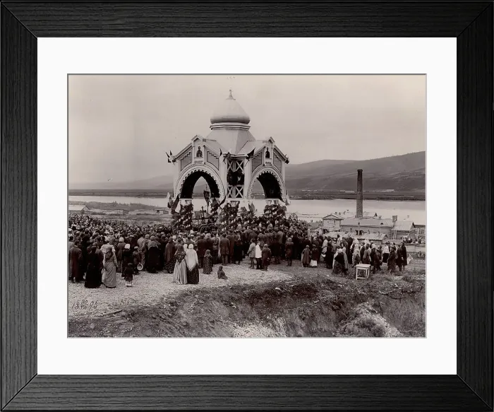 Framed Print : A prayer service at the laying of a railway bridge over the Yenisei River, 1896. Creator: IR Tomashkevich Framed Print : A prayer service at the laying of a railway bridge over the Yenisei River, 1896. Creator: IR Tomashkevich