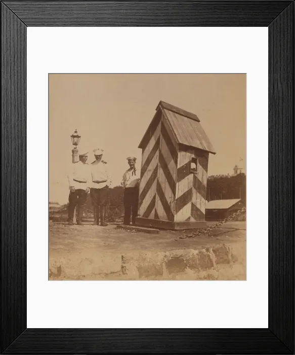 Framed Print : By the railway, three men in uniform standing near a guard booth, Vladivostok, Russia, 1899. Creator: Eleanor Lord Pray Framed Print : By the railway, three men in uniform standing near a guard booth, Vladivostok, Russia, 1899. Creator: Eleanor Lord Pray