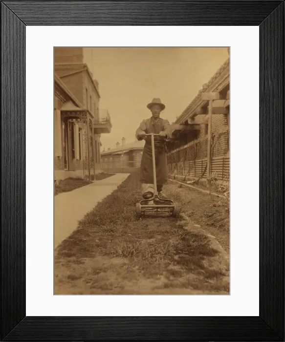 Framed Print : Dou Kee, Chinese servant, mowing the lawn, Dom Smith, Vladivostok, Russia, 1899. Creator: Eleanor Lord Pray Framed Print : Dou Kee, Chinese servant, mowing the lawn, Dom Smith, Vladivostok, Russia, 1899. Creator: Eleanor Lord Pray