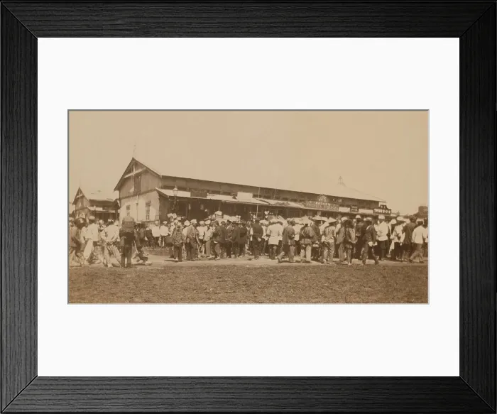 Framed Print : Crowds of people in front of buildings at the marketplace in the center of town... (1899?). Creator: Eleanor Lord Pray Framed Print : Crowds of people in front of buildings at the marketplace in the center of town... (1899?). Creator: Eleanor Lord Pray
