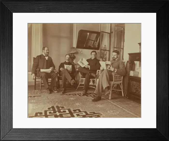 Framed Print : Four friends reading in the veranda room, Dom Smith, Vladivostok, Russia: William S... 1899. Creator: Eleanor Lord Pray Framed Print : Four friends reading in the veranda room, Dom Smith, Vladivostok, Russia: William S... 1899. Creator: Eleanor Lord Pray