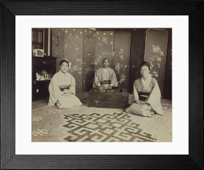 Framed Print : Japanese servants O Hero San, O Eun San, and O Sok San with tea utensils in the... 1899. Creator: Eleanor Lord Pray Framed Print : Japanese servants O Hero San, O Eun San, and O Sok San with tea utensils in the... 1899. Creator: Eleanor Lord Pray