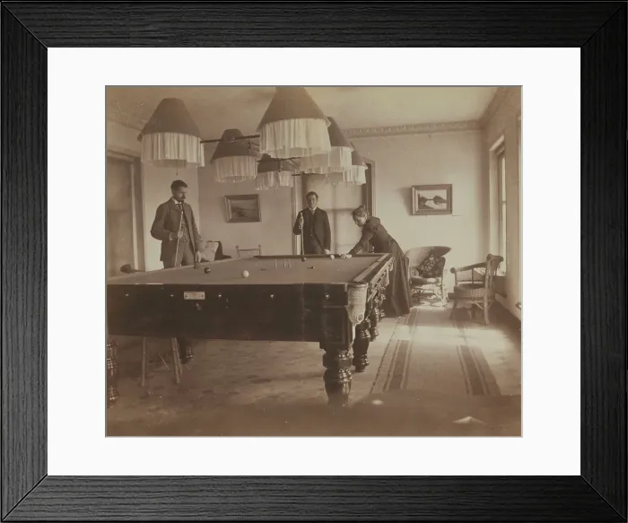 Framed Print : Fredericks Pray, David M Clarkson, and Sarah E Smith, posed by the billiard table... Russia, 1899. Creator: Eleanor Lord Pray Framed Print : Fredericks Pray, David M Clarkson, and Sarah E Smith, posed by the billiard table... Russia, 1899. Creator: Eleanor Lord Pray