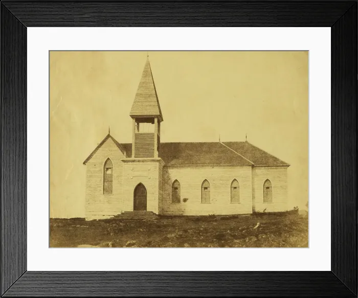 Framed Print : Exterior view of church, in the community around Fort Victoria on Vancouver... between 1858 and 61. Creator: Unknown