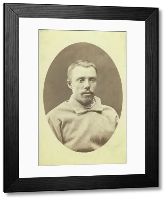 Framed Print : Head-and-shoulders portrait of a man, dressed in convict clothing, facing... between 1880 and 1886. Creator: Unknown Framed Print : Head-and-shoulders portrait of a man, dressed in convict clothing, facing... between 1880 and 1886. Creator: Unknown