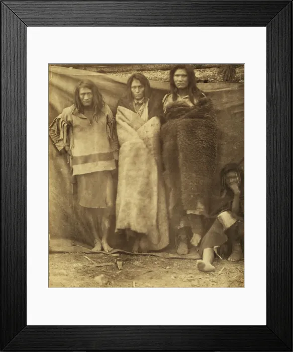 Framed Print : Group of Native Americans, three standing, one seated on the ground, possibly... 1860 or 1861. Creator: Unknown Framed Print : Group of Native Americans, three standing, one seated on the ground, possibly... 1860 or 1861. Creator: Unknown