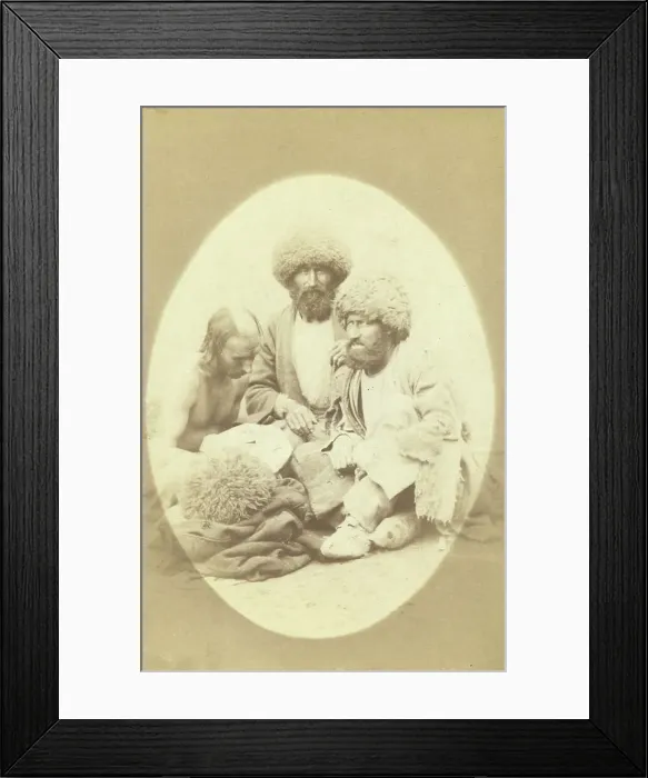 Framed Print : Full-length portrait of three men, seated on ground, facing front, between 1870 and 1886. Creator: Unknown