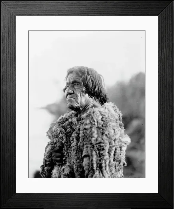 Framed Print : Mohave man, half-length portrait, facing left wearing primitive robe of rabbit skin, 1907. Creator: Edward Sheriff Curtis. Mohave man, half-length portrait, facing left wearing primitive robe of rabbit skin, 1907 Framed Print : Mohave man, half-length portrait, facing left wearing primitive robe of rabbit skin, 1907. Creator: Edward Sheriff Curtis. Mohave man, half-length portrait, facing left wearing primitive robe of rabbit skin, 1907