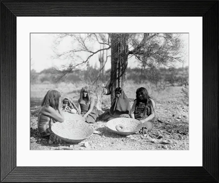Framed Print : Maricopa group, Arizona. Four women and a child seated on ground with three large basket trays, c1907 Creator: Edward Sheriff Curtis Framed Print : Maricopa group, Arizona. Four women and a child seated on ground with three large basket trays, c1907 Creator: Edward Sheriff Curtis