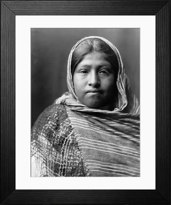 Framed Print : Yaqui girl, head-and-shoulders portrait, facing front, with striped shawl draped around... c1907. Creator: Edward Sheriff Curtis Framed Print : Yaqui girl, head-and-shoulders portrait, facing front, with striped shawl draped around... c1907. Creator: Edward Sheriff Curtis