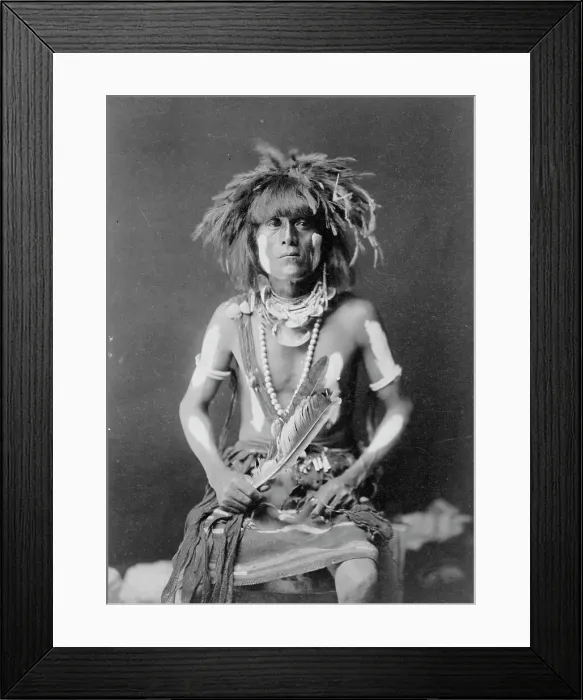 Framed Print : Honovi-Walpi snake priest, with Totkya Day painting, c1910. Creator: Edward Sheriff Curtis Framed Print : Honovi-Walpi snake priest, with Totkya Day painting, c1910. Creator: Edward Sheriff Curtis