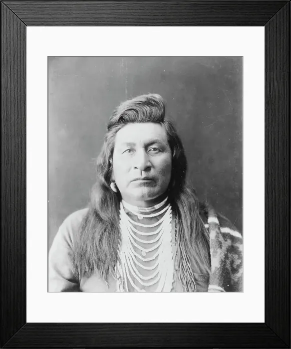 Framed Print : Nez Percé man, head-and-shoulders portrait, facing front, wearing bead necklace... c1899. Creator: Edward Sheriff Curtis Framed Print : Nez Percé man, head-and-shoulders portrait, facing front, wearing bead necklace... c1899. Creator: Edward Sheriff Curtis