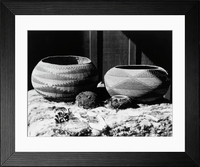 Framed Print : Pomo baskets and magnesite beads, 1924, c1924. Creator: Edward Sheriff Curtis Framed Print : Pomo baskets and magnesite beads, 1924, c1924. Creator: Edward Sheriff Curtis