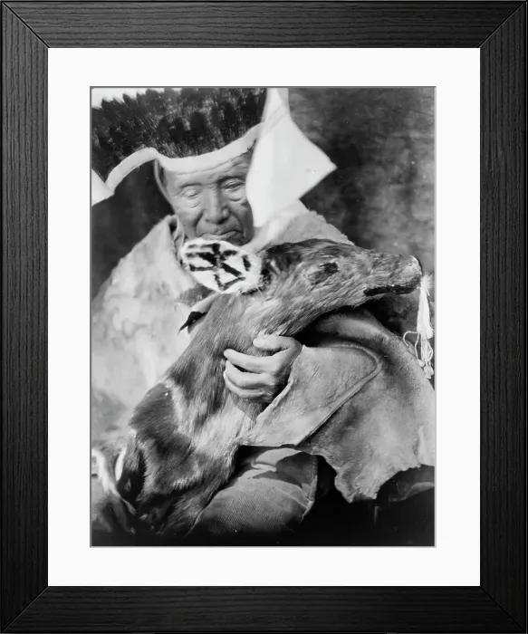 Framed Print : Dancer with black deer effigy-Hupa, c1923. Creator: Edward Sheriff Curtis