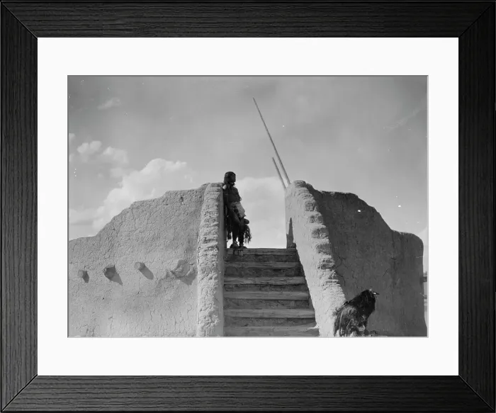 Framed Print : Tewa Indian guard at top of the kiva stairs, San Ildefonso, New Mexico, c1905. Creator: Edward Sheriff Curtis Framed Print : Tewa Indian guard at top of the kiva stairs, San Ildefonso, New Mexico, c1905. Creator: Edward Sheriff Curtis