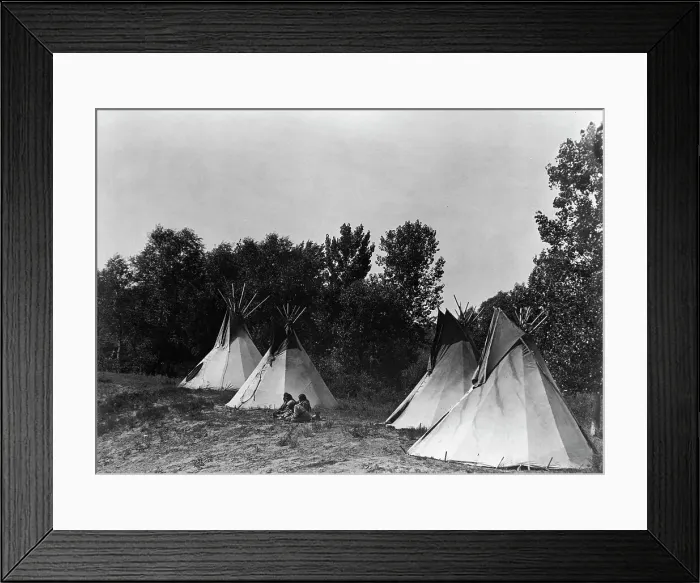 Framed Print : An Assiniboin camp containing four tepees with Indians seated on ground, c1908. Creator: Edward Sheriff Curtis Framed Print : An Assiniboin camp containing four tepees with Indians seated on ground, c1908. Creator: Edward Sheriff Curtis