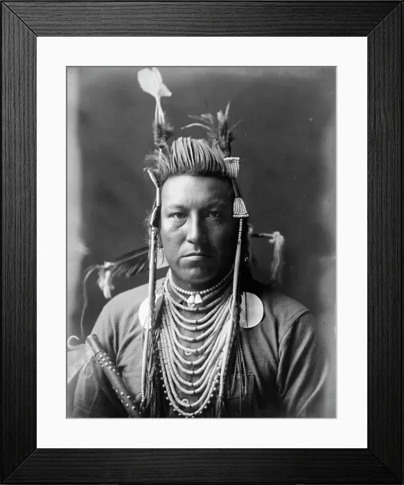 Framed Print : Swallow Bird, Crow Indian, Montana, head-and-shoulders portrait, facing front, painted... c1908. Creator: Edward Sheriff Curtis Framed Print : Swallow Bird, Crow Indian, Montana, head-and-shoulders portrait, facing front, painted... c1908. Creator: Edward Sheriff Curtis
