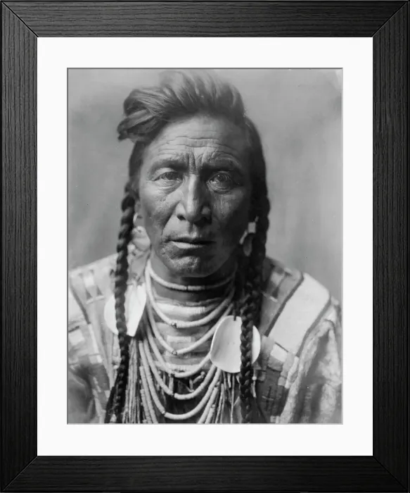 Framed Print : Strike On his Head, Crow Indian, Montana, head-and-shoulders portrait, facing front, loose... c1908 Creator: Edward Sheriff Curtis Framed Print : Strike On his Head, Crow Indian, Montana, head-and-shoulders portrait, facing front, loose... c1908 Creator: Edward Sheriff Curtis