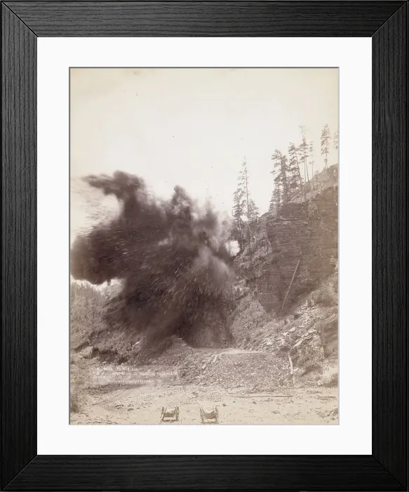 Framed Print : In mid air A wonderful blast in building railroad to Deadwood, 1890. Creator: John C. H. Grabill Framed Print : In mid air A wonderful blast in building railroad to Deadwood, 1890. Creator: John C. H. Grabill