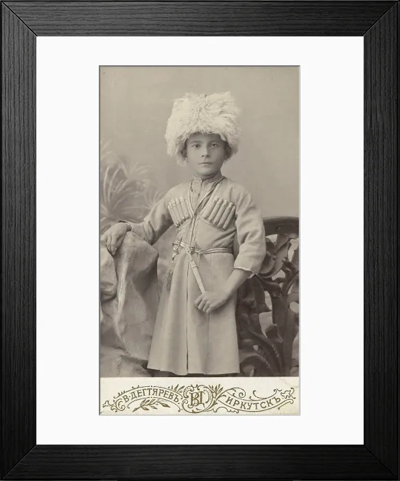 Framed Print : Portrait of a boy Leonid in a Caucasian national costume, end of 19th century. Creator: VV Degtiarev Framed Print : Portrait of a boy Leonid in a Caucasian national costume, end of 19th century. Creator: VV Degtiarev